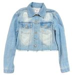 Love Tree Denim Women's Light Wash Raw Hem Long Sleeve Crop Jean Jacket Size M Photo 0