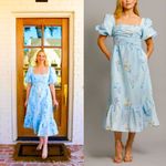 Self Portrait NWOT Self-Portrait Watercolor Taffeta Blue Puff Sleeve Floral Midi Dress Size 6 Photo 3