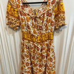 Floral Print Dress Yellow‎ Orange Smocked Waist Square Neck Boho Mini Short Yellow Size L Photo 0