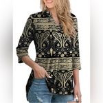Plus Size 3/4 Sleeve Shirts for Women Floral Print V Neck Blouses Tunic Tops Black Photo 1
