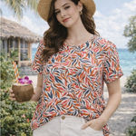 Lands' End Lands’ End Tropical Boho Linen Short Sleeve Floral Blouse XL Multicolor Vacation Photo 0