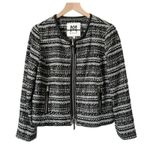 Milly  Avery Black White Textured Tweed Leather Trim Jacket Blazer Moto Size 10 Photo 1