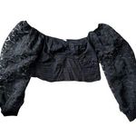 ZARA Womens Medium Top Animal Leopard Print Organza Puff Vneck Sleeve Crop Black Photo 0