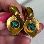 Vintage 1940’s gold tone heart drop earrings faux emerald centers. Photo 1
