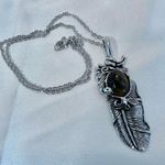 Silver tone feather tigers eye pendant necklace Photo 9