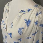 Hinge white long sleeve split V neck blouse blue bird print boho cottage Large Photo 3