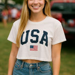 Ideal T USA Red White Blue Flag White Short Sleeve‎ Cropped Tee T Photo 0