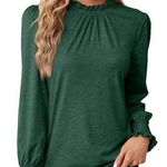 NEW Green Frilled Ruffle Neck Lantern Sleeve Smocked Cuff Blouse Size XL Photo 0