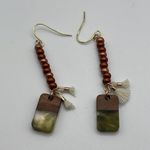 Gold Tone Beaded Tassel Earth Tone Rectangular Charm Boho Earrings Photo 4