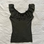 Y2K Petite Pois dark green stretch mesh off the shoulder top ruffles boho fairy Size M Photo 2