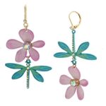 Betsey Johnson Dragonfly & Flower Mismatch Drop Earrings Gold, Pink & Blue NWT Photo 1