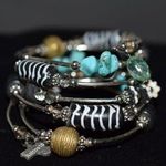 Unique Vintage Kairos10 Beads/Stones black/white/turquoise silver tone 6 coil wrap Bracelet Photo 0