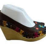 Handmade Leather Huarache Wedge Size 7 Brown Floral Embroidered Mexico Heels Photo 0