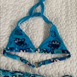 Women small Turquoise embroidered floral bikini halter top and side tie bottom Blue Photo 3