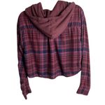 American Eagle Size S Hooded Cropped Flannel Shirt Burgandy Plaid Distressed Photo 5