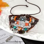 Exquisite feather pendant‎ handmade beaded boho faux leather bracelet Brown Photo 2