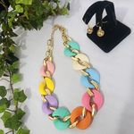 Chunky Pastel Multi Color Acrylic Chain Necklace Earrings Set New Gold Photo 1