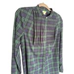 J.Crew Top Navy Green Plaid Size M Pleated Front Button Down Long Sleeve Blouse Photo 3