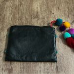 Leather Embroidered Zipper Clutch with Pom Pom Tassel Black Photo 2