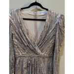 Mac Duggal  Silver Beaded Lace Long Sleeve Midi Dress Size 8 5574 V Neck Sequin Photo 5