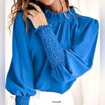 PRETTYGARDEN Long smocked sleeve pleated mock neck cobalt blue blouse top size small Photo 2