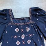 Madewell Embroidered Corduroy Button Back Peplum Top Sz S Navy Blue Square Neck Photo 4