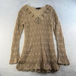 Vtg Y2K XL Tunic Dress Open Knit Crochet Boho Hippie Festival Whimsy Coquette Tan Photo 1