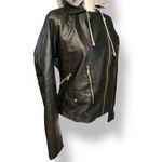 Stylish Black Faux Leather Moto Jacket with Gray Hood Faux Fur Lined Size Small Photo 3