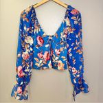 Urban Outfitters NWT  Topanga Button Front Cropped Blue Floral Ruffle Blouse Top Photo 4