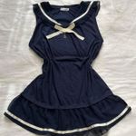 Axes Femme Navy blue white piping detail sailor collar tie neck blouse Size M Photo 0