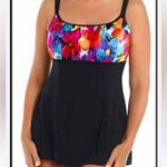 Studio Works  black swimsuit with pretty tropical design up top. Skirted bottom. Photo 0