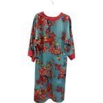 Natori Floral Print Long House Dress V-Neck Kimono Teal Red Women's Size M Photo 3
