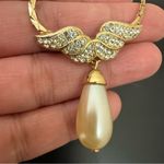 Vintage Unsigned Pave Crystal Angel Wing Faux Pearl Teardrop Gold Photo 7
