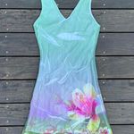 RARE Vintage Y2K Just in Time Green w/ Pink Floral Mini Dress w/ Mesh Overlay Size L Photo 3