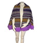 VINTAGE Poncho Full Zip Arm Holes Collar Purple Print Fringe Pom Poms One Size Size undefined Photo 3
