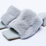 ZARA BLOCK HEEL FAUX FUR SANDALS MULES SLIDES SLIPPERS Baby Blue Size 7.5/38 NEW Photo 0