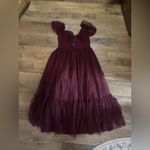 Lulus Sweet Amor Burgundy Tulle Swiss Dot Tiered Bustier Midi Dress Photo 4