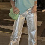 ZARA  Boy Fit Jeans‎ Boyfriend Mid Rise Button Fly Silver Metallic Size US 0 Photo 0