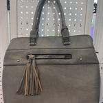 Chic Faux Leather Tote Bag Gray Double Handle Top Zip Tassel Accent Photo 0