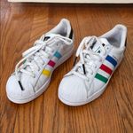 Adidas Superstar "J" Colorful Stripes Cloud White Sneaker Men's size 5 Women 6.5 Photo 2