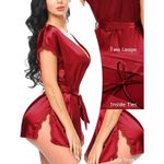 Avidlove Oblique V-Neck Pure Color Lace Robes Short Silk Kimono Wine Red Photo 20