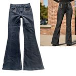Risen Jeans Womens Black Flare Bell Bottom Rhinestone Fringe Pocket Jeans 7/28" Photo 3
