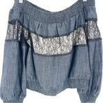 Alice + Olivia  Celia Off The Shoulder Stretchy Long Sleeve Denim Style Lace Top Photo 4