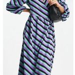 ASOS  Pieces Long Puff Sleeve Wrap Midi Dress in Multi Stripe Photo 1