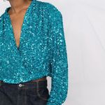 ROTATE‎ BIRGER CHRISTENSEN Aurelia Sequin Embellished blouse 10 Teal Cropped Blue Photo 1