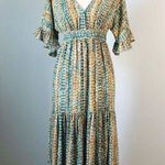 EXPRESS x ROCKY BARNES | Printed Boho Open Back Flounce Maxi Dress Sz XXS Photo 0