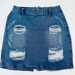 Pretty Little Thing  Roschian Denim Mini Skirt Sz 10 Distressed Hi Rise Photo 4