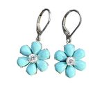 New Sleeping Beauty Turquoise Flower 925 Earrings with Diamond Center Blue Photo 1