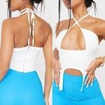 Pretty Little Thing NEW NWT Woven Cross Front Cutout Stirrup Hem Top Cream Ivory 8 Photo 1