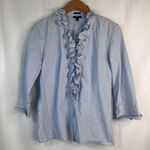 Talbots Blue White Pin Striped 3/4 Sleeve Ruffled Neckline Button Up Size 4 Photo 9